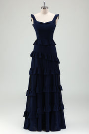 Navy Tiered Chiffon A-Line V-Back Bridesmaid Dress