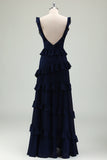 Navy Chiffon Tiered A-Line Bridesmaid Dress with Ruffles