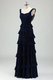 Navy Tiered Chiffon A-Line V-Back Bridesmaid Dress