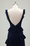 Navy Tiered Chiffon A-Line V-Back Bridesmaid Dress