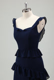 Navy Tiered Chiffon A-Line V-Back Bridesmaid Dress