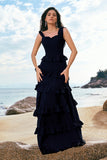 Navy Chiffon Tiered A-Line Bridesmaid Dress with Ruffles