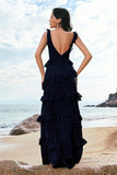 Navy Chiffon Tiered A-Line Bridesmaid Dress with Ruffles