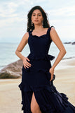 Navy Chiffon Tiered A-Line Bridesmaid Dress with Ruffles