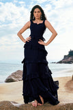 Navy Chiffon Tiered A-Line Bridesmaid Dress with Ruffles