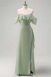 Light Green Ruffled Off The Shoulder Chiffon Bridesmaid Dress with Slit