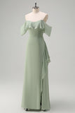 Light Green Ruffled Off The Shoulder Chiffon Bridesmaid Dress with Slit