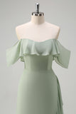 Light Green Ruffled Off The Shoulder Chiffon Bridesmaid Dress with Slit