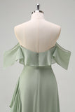 Light Green Ruffled Off The Shoulder Chiffon Bridesmaid Dress with Slit