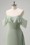 Light Green Ruffled Off The Shoulder Chiffon Bridesmaid Dress with Slit