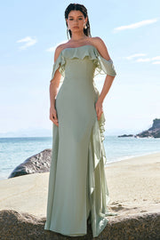 Light Green Off The Shoulder Sheath Chiffon Bridesmaid Dress with Ruffles