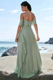 Light Green Ruffled Off The Shoulder Chiffon Bridesmaid Dress with Slit