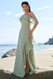 Light Green Off The Shoulder Sheath Chiffon Bridesmaid Dress with Ruffles