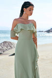 Light Green Off The Shoulder Sheath Chiffon Bridesmaid Dress with Ruffles