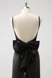 Black Mermaid Spaghetti Straps Ruffed Bow Back Satin Long Bridesmaid Dress