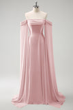 Eucalyptus A-Line Cold Shoulder Chiffon Watteau Train Bridesmaid Dress