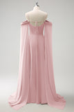 Eucalyptus A-Line Cold Shoulder Chiffon Watteau Train Bridesmaid Dress