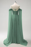 Eucalyptus A-Line Cold Shoulder Chiffon Watteau Train Bridesmaid Dress