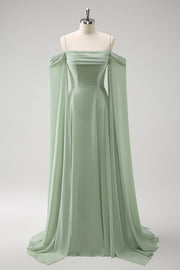 Light Green Cold Shoulder A-Line Chiffon Watteau Train Bridesmaid Dress