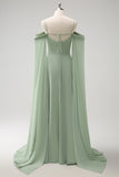 Light Green Cold Shoulder A-Line Chiffon Watteau Train Bridesmaid Dress