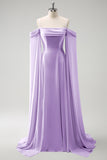 Eucalyptus A-Line Cold Shoulder Chiffon Watteau Train Bridesmaid Dress