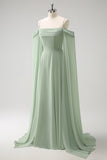 Light Green Cold Shoulder A-Line Chiffon Watteau Train Bridesmaid Dress