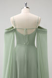 Light Green Cold Shoulder A-Line Chiffon Watteau Train Bridesmaid Dress