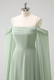 Light Green Cold Shoulder A-Line Chiffon Watteau Train Bridesmaid Dress