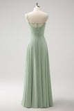 Light Green Cold Shoulder A-Line Chiffon Watteau Train Bridesmaid Dress