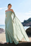 Light Green Chiffon Cold Shoulder Watteau Train Bridesmaid Dress