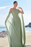 Light Green Cold Shoulder A-Line Chiffon Watteau Train Bridesmaid Dress