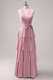 Pink Chiffon Halter Tiered A-Line Bridesmaid Dress with Slit