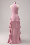 Pink Chiffon Halter Tiered A-Line Bridesmaid Dress with Slit