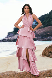 Pink Chiffon Halter Tiered A-Line Bridesmaid Dress with Slit