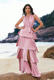 Pink Halter Tiered A-Line Bridesmaid Dress with Sash