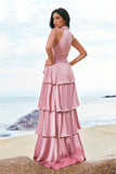 Pink Halter Tiered A-Line Bridesmaid Dress with Sash