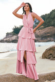 Pink Chiffon Halter Tiered A-Line Bridesmaid Dress with Slit