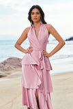 Pink Chiffon Halter Tiered A-Line Bridesmaid Dress with Slit