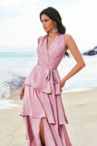 Pink Chiffon Halter Tiered A-Line Bridesmaid Dress with Slit