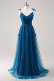 Dark Blue Spaghetti Straps Pleated A-Line Tulle Bridesmaid Dress