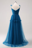 Dark Blue Spaghetti Straps Pleated A-Line Tulle Bridesmaid Dress