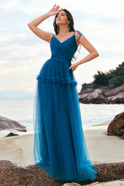 Dark Blue Spaghetti Straps Pleated A-Line Tulle Bridesmaid Dress