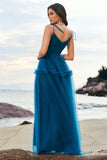 Dark Blue Spaghetti Straps A-Line Tulle Long Bridesmaid Dress