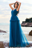 Dark Blue Spaghetti Straps Pleated A-Line Tulle Bridesmaid Dress