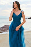 Dark Blue Spaghetti Straps Pleated A-Line Tulle Bridesmaid Dress