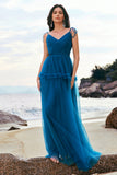 Dark Blue Spaghetti Straps Pleated A-Line Tulle Bridesmaid Dress