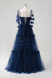 Navy Princess Flower Tulle Tiered A-Line Bridesmaid Dress