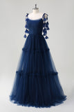 Navy Princess Flower Tulle Tiered A-Line Bridesmaid Dress