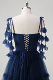 Navy Princess Flower Tulle Tiered A-Line Bridesmaid Dress