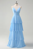 Sky Blue Cut Out Tiered Chiffon A-Line Bridesmaid Dress